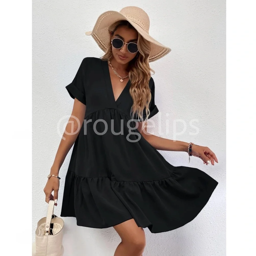 Black Short Sleeve Loose Fitting Mini Dress V-Neck Ruffle Flared Hem - Picture 3 of 8